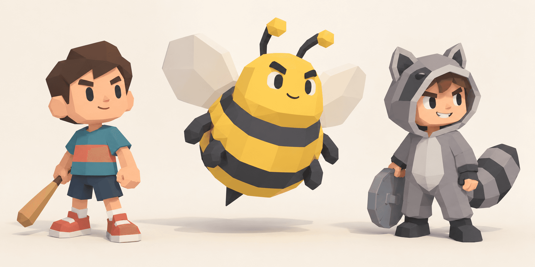 Character concepts: the capless kid with a bat, Bumbler the yellow bee, and a Trash Panda gang member in a raccoon hoodie holding a trash-lid shield.